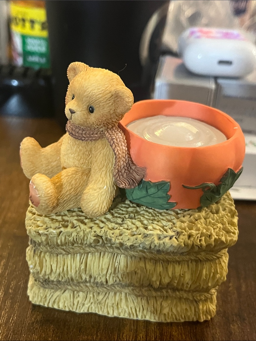 Cherished Teddies Yellow Bear with Orange Pumpkin Candle Holder (added Hay) 286